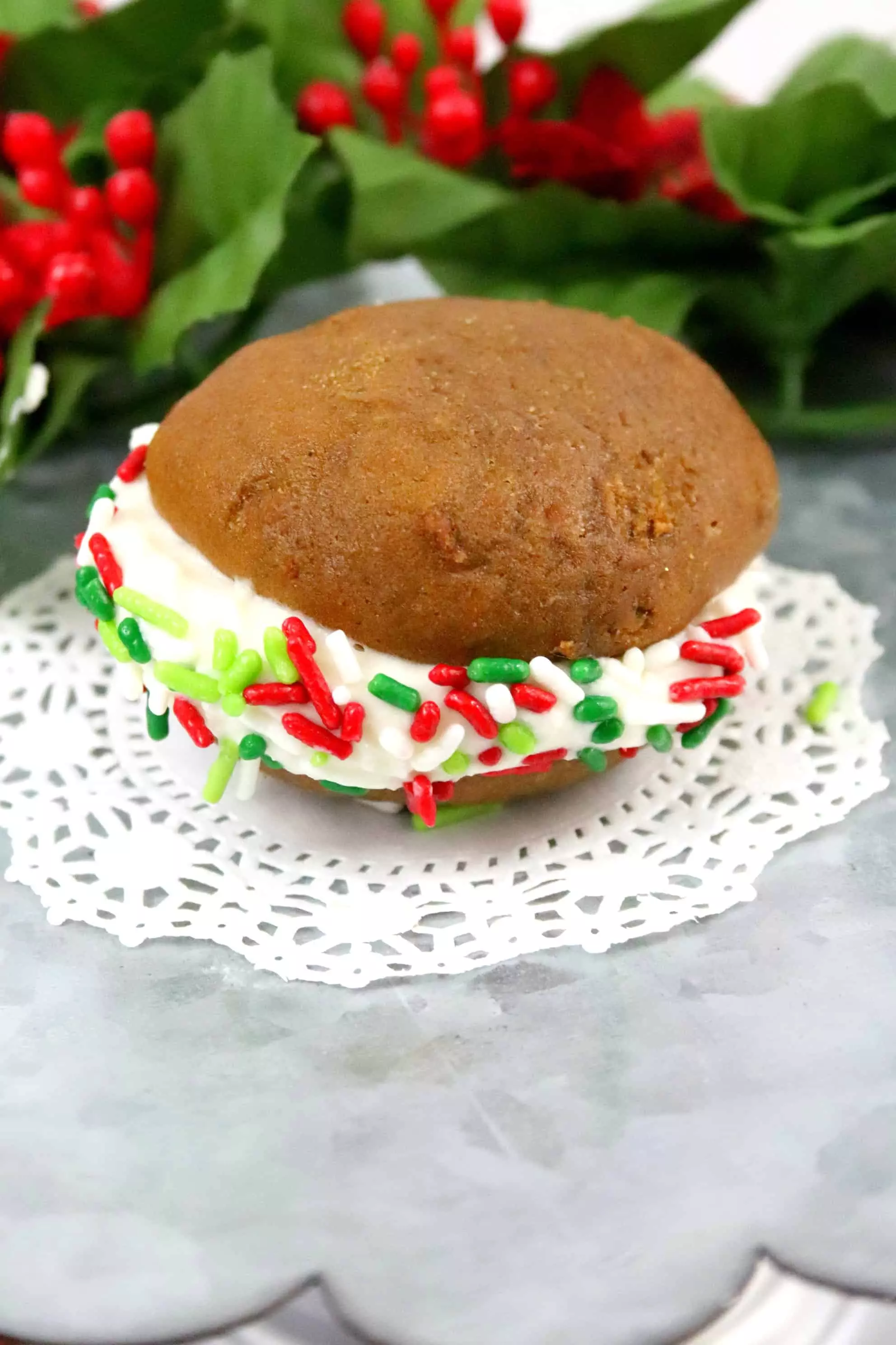 close up of gingerbread whoopie pie with holiday sprinkles