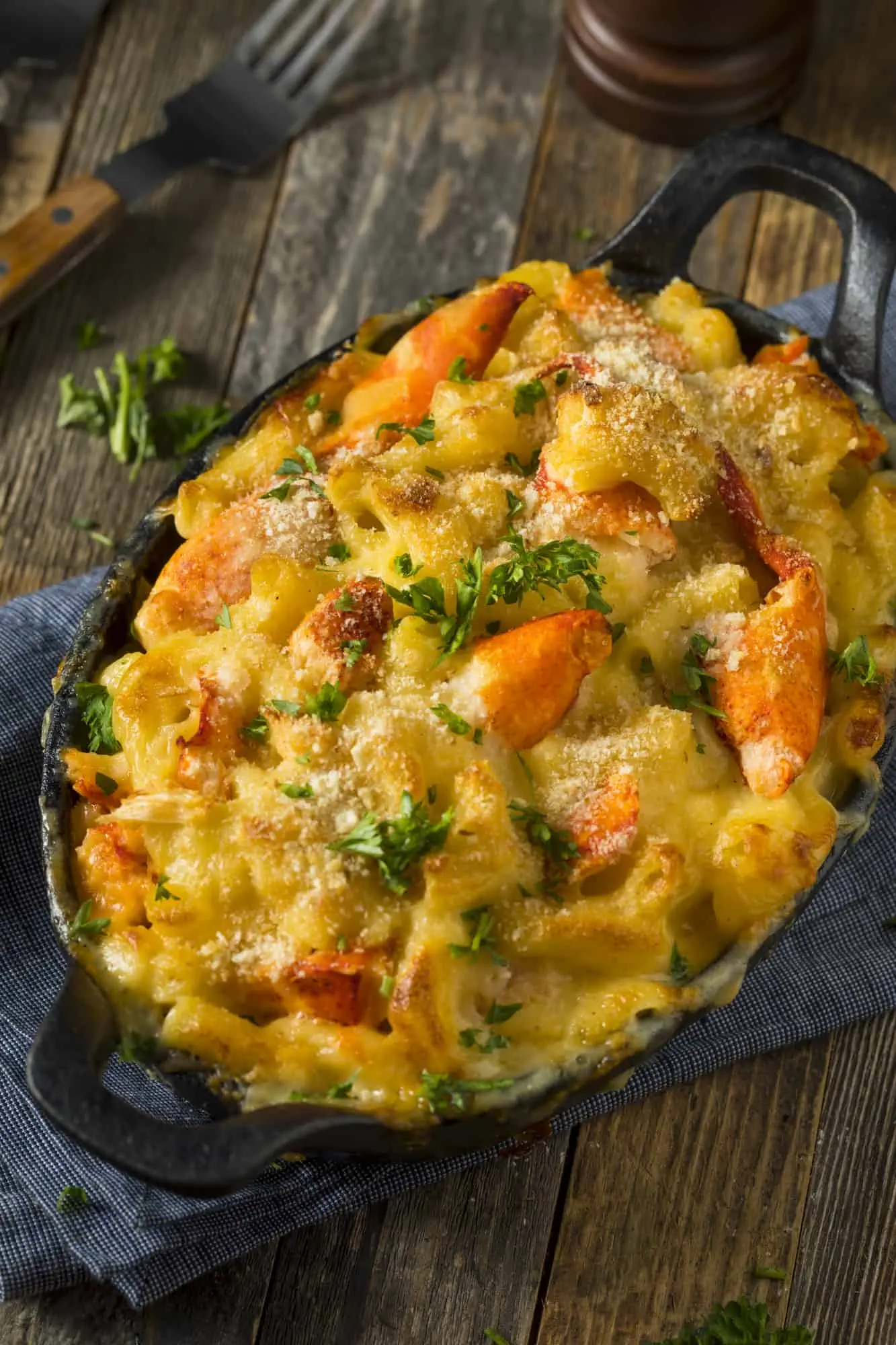 lobster mac and cheese recipe prepared in a dish