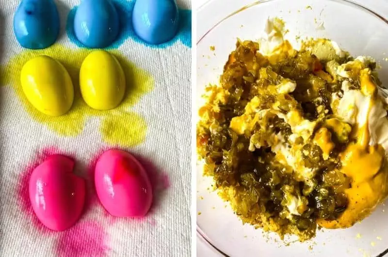 image collage of dyed egg whites drying on a paper towel and a bowl with the yolk filling ingredients to mix.