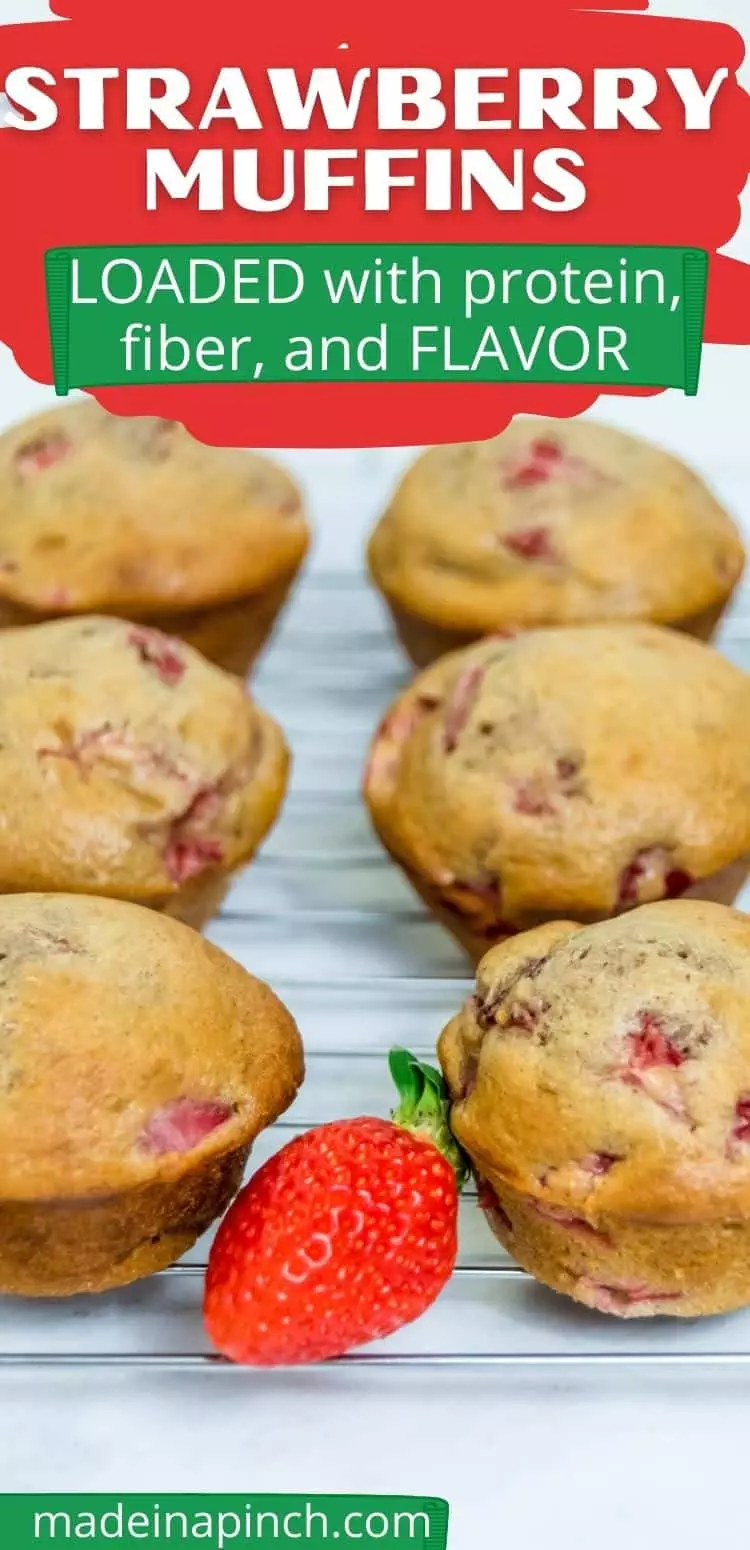 The PERFECT spring and summertime muffin! Pockets of juicy fresh strawberries in soft, protein-filled strawberry muffins that are so delicious, they