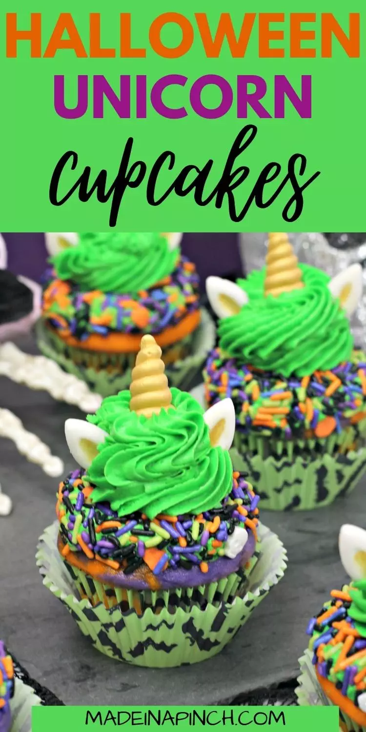 Halloween unicorn cupcakes pin image