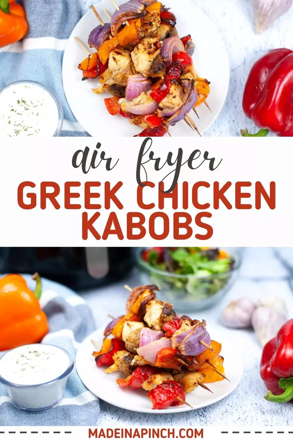air fryer greek chicken kabobs pin image