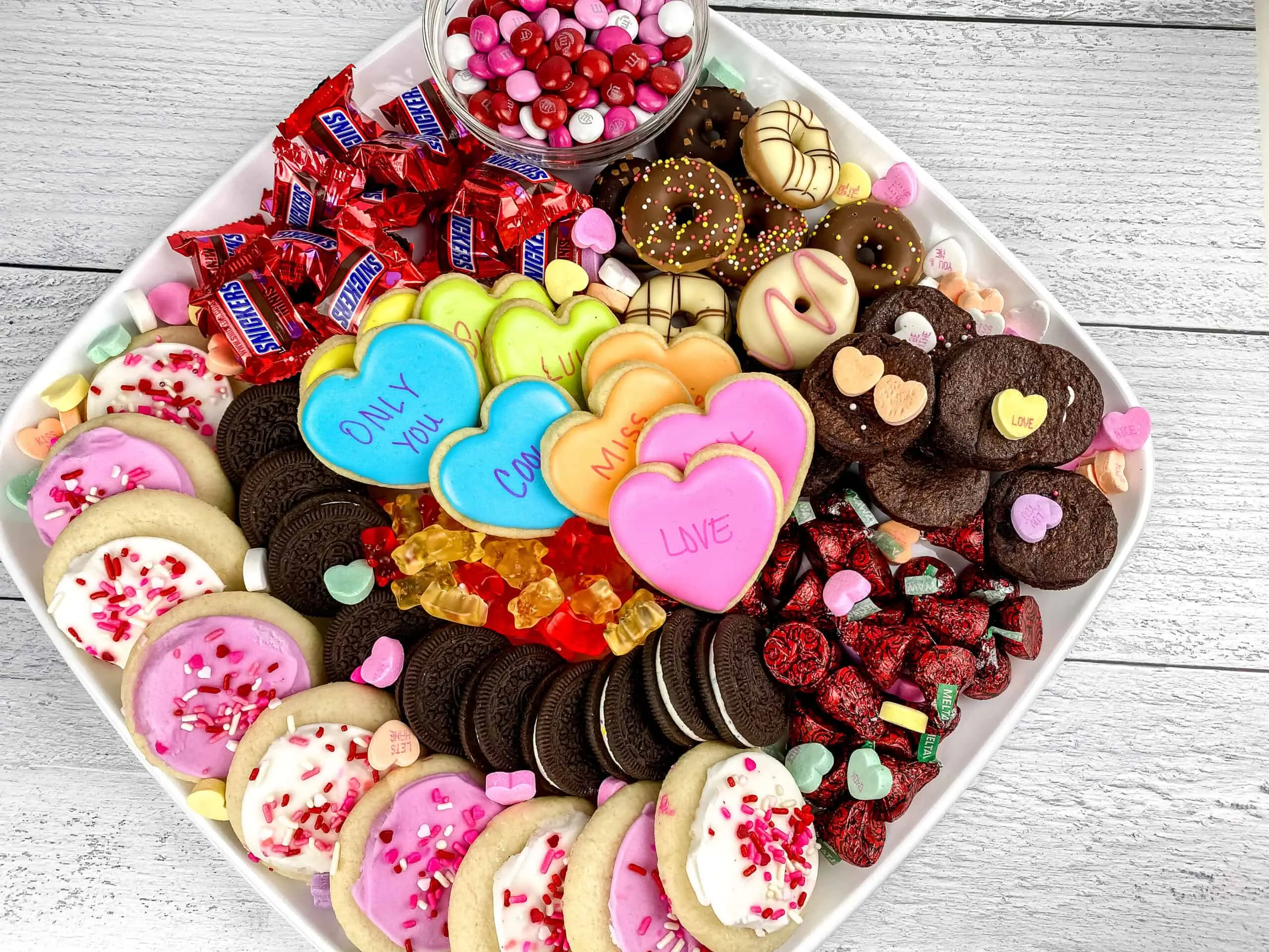 Valentine's day charcuterie board on table