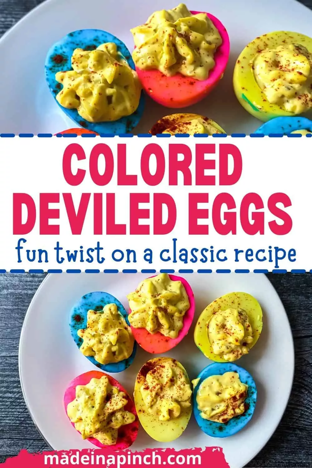 colored deviled eggs pin image