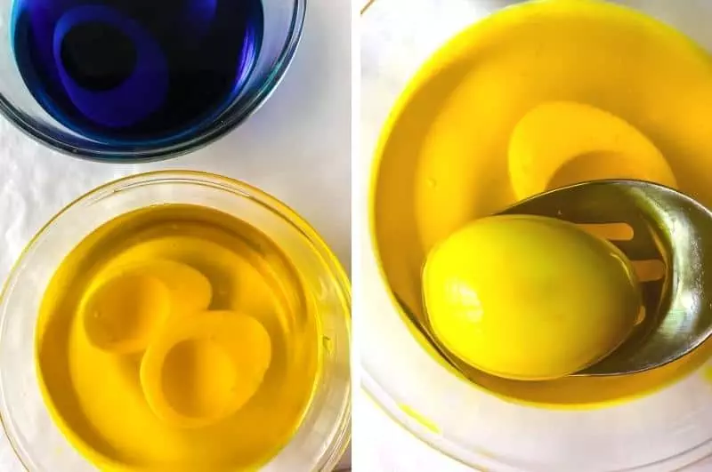 image collage of dyeing the egg whites for colored deviled eggs