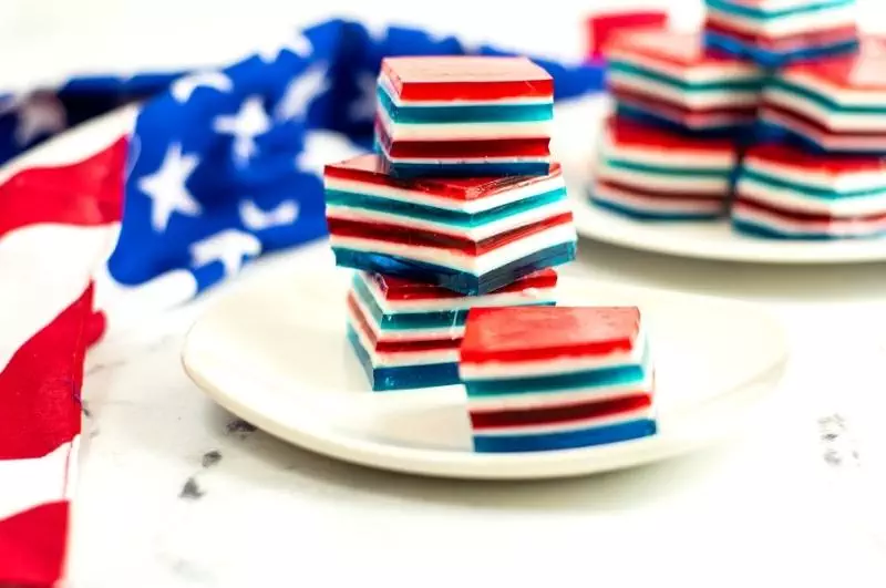 stacked red white and blue jello jigglers closeup