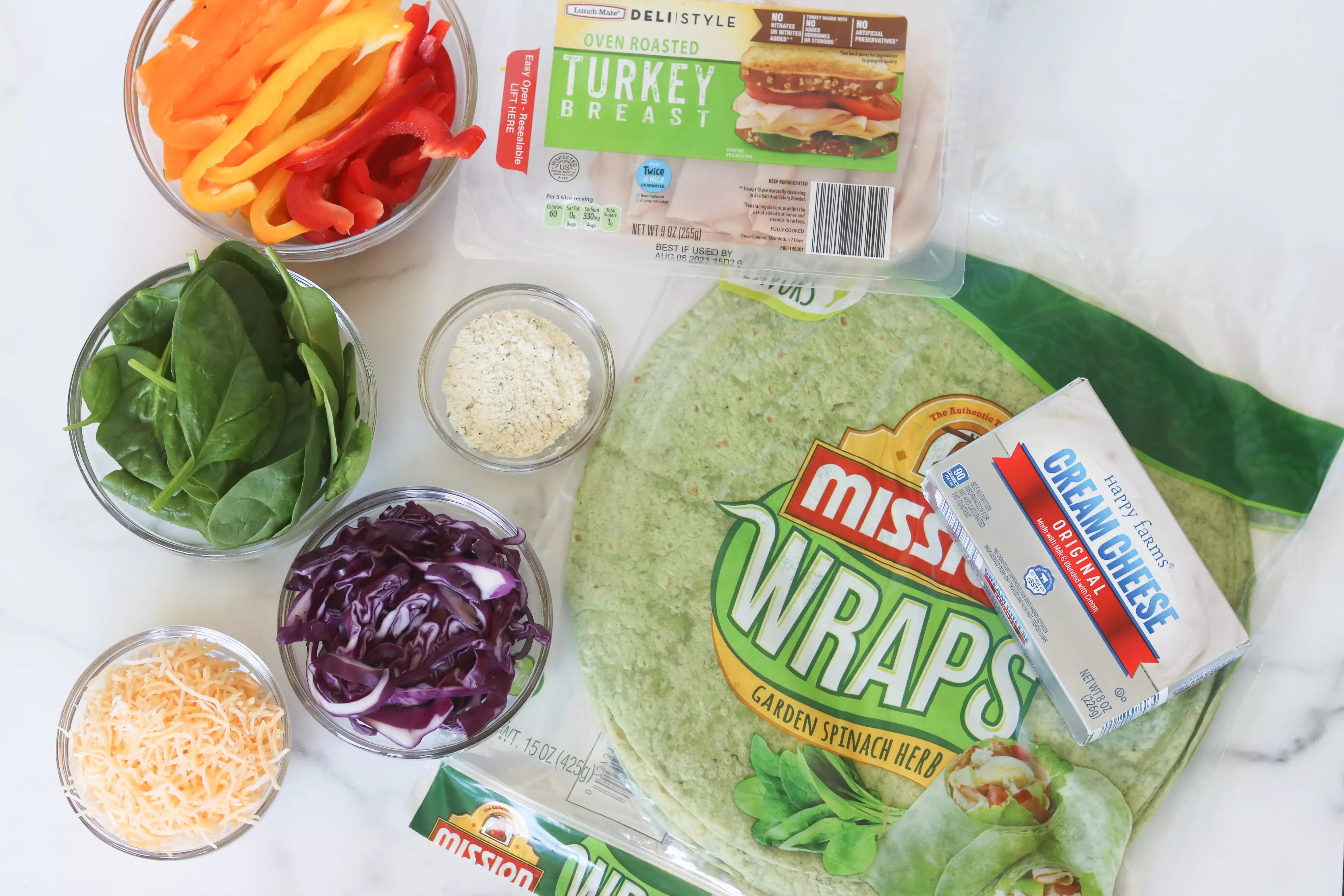 ingredients needed for turkey rainbow pinwheels