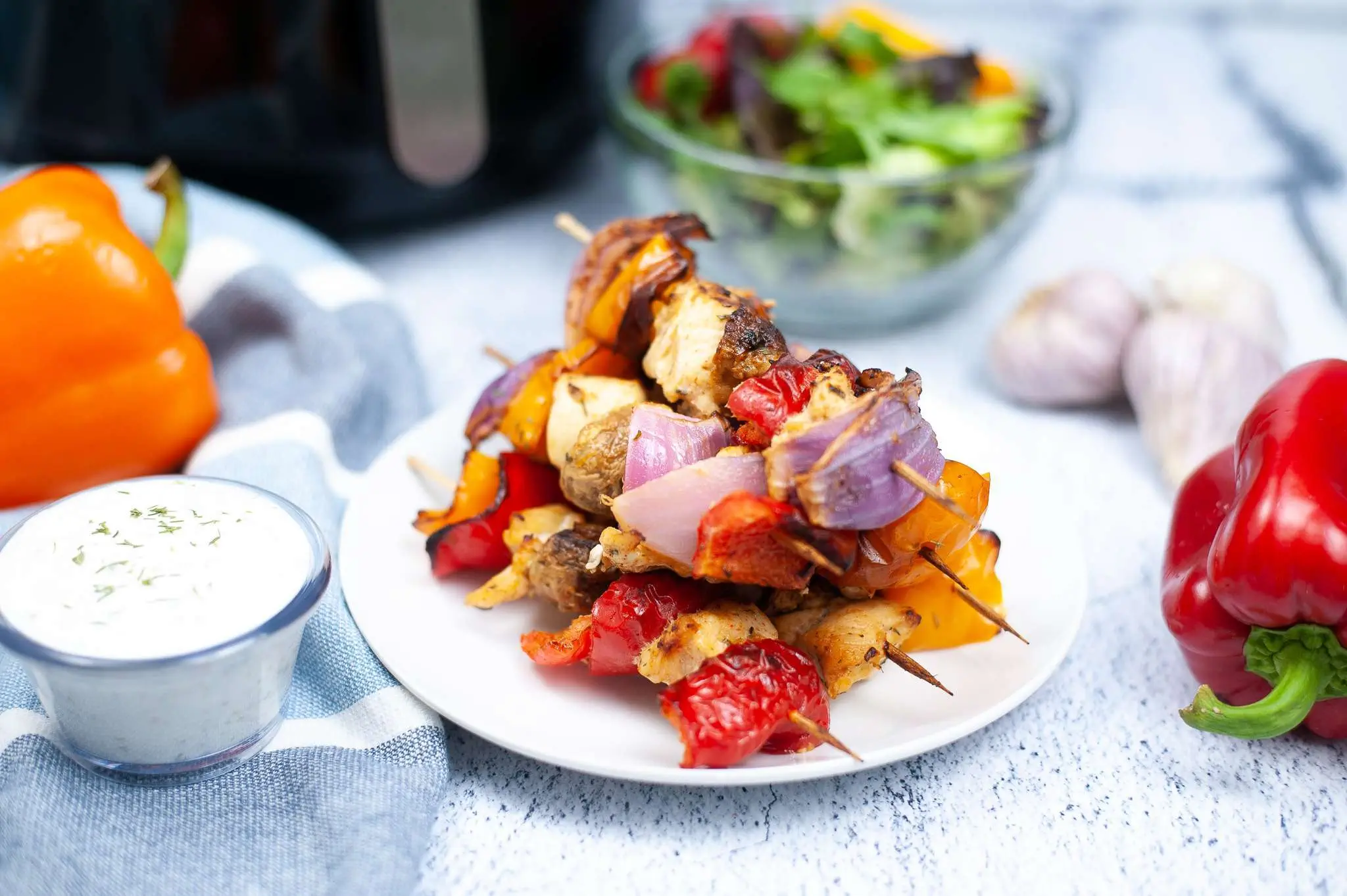 Air Fryer Greek Chicken Kabobs on a plate