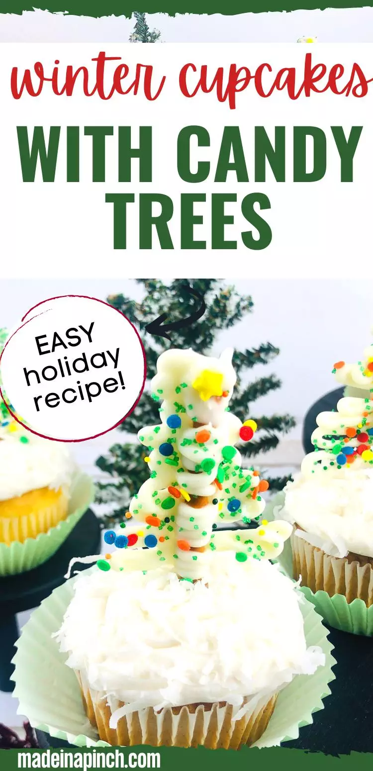 winter cupcakes with candy Christmas trees pin image