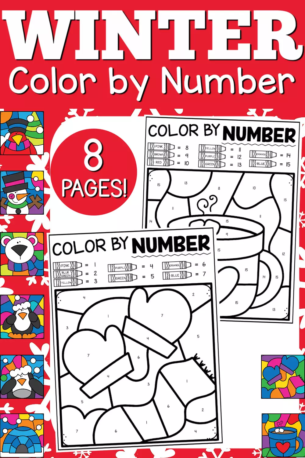Winter color by number pages pin image