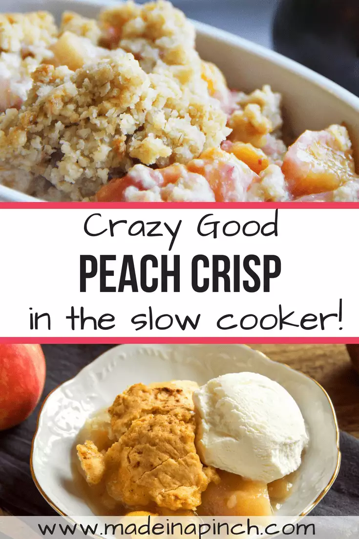 Peach crisp is one of the best summer desserts! Grab our easy slow cooker recipe at Made in a Pinch. For more awesome recipes and tips, follow us on Pinterest!