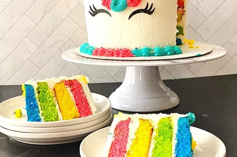 rainbow birthday cake with cut slices