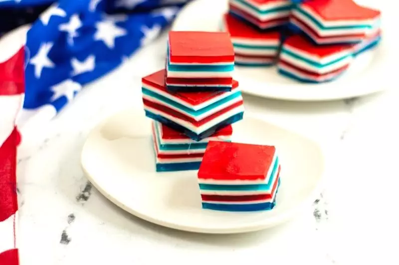 stacked red white and blue jello squares on plates