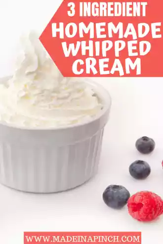 Homemade whip cream is way better than store bought and crazy easy to make yourself. Get the 5 minute recipe on Made in a Pinch and follow us on Pinterest for more easy family recipes!