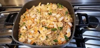 Our Best Healthy Shrimp Fried Rice Recipe prepared in a pan on the stove