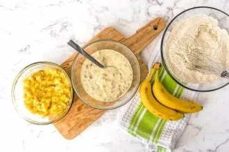 all ingredients in bowls for banana protein muffins